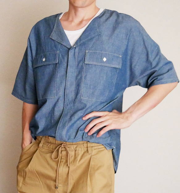 シャンブレー 比翼ノーカラーサファリシャツ 人気・おすすめ｜安定人気・収納便利におすすめ 丁寧対応 配送追跡可 国内発送・保証制度対応