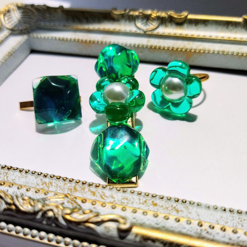 福袋】エメラルドグリーンのヘアアクセサリー3点 / レジン / 花 / 海