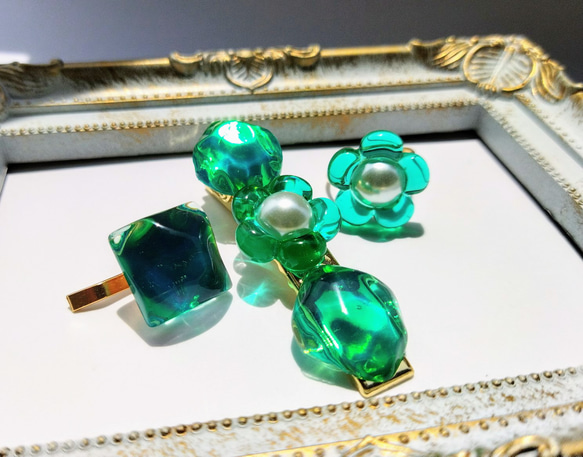 福袋】エメラルドグリーンのヘアアクセサリー3点 / レジン / 花 / 海