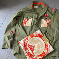 帯リユースパッチワークジャケット　狛犬帯　USED USボウイスカウトシャツリボーン 6枚目の画像