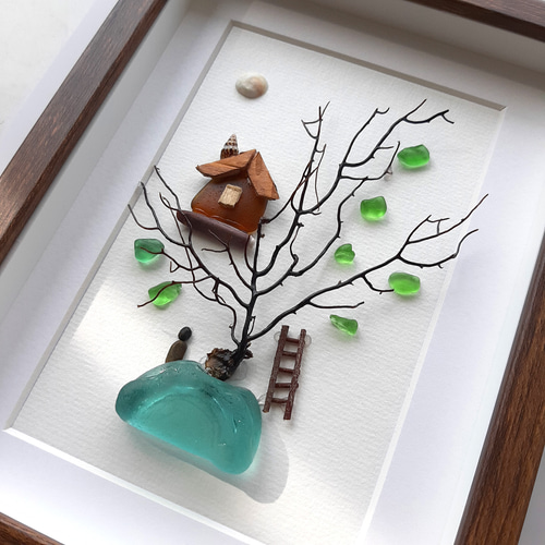 「ホワイトフラワーツリー」❤︎ シーグラスアートMerci l'arbre 文字 ホワイトフラワーツリー」❤︎ シーグラスアートMerci l'arbre 文字