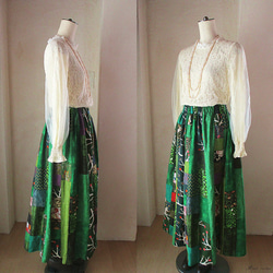 絵画なパッチワーク エメラルドグリーン ふんわりギャザースカート ウエストゴム １点もの 3枚目の画像