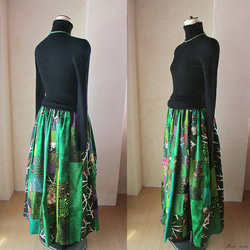 絵画なパッチワーク エメラルドグリーン ふんわりギャザースカート ウエストゴム １点もの 6枚目の画像