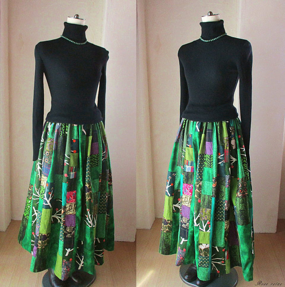 絵画なパッチワーク エメラルドグリーン ふんわりギャザースカート ウエストゴム １点もの 2枚目の画像