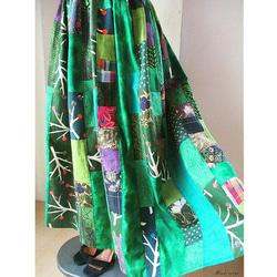 絵画なパッチワーク エメラルドグリーン ふんわりギャザースカート ウエストゴム １点もの 5枚目の画像