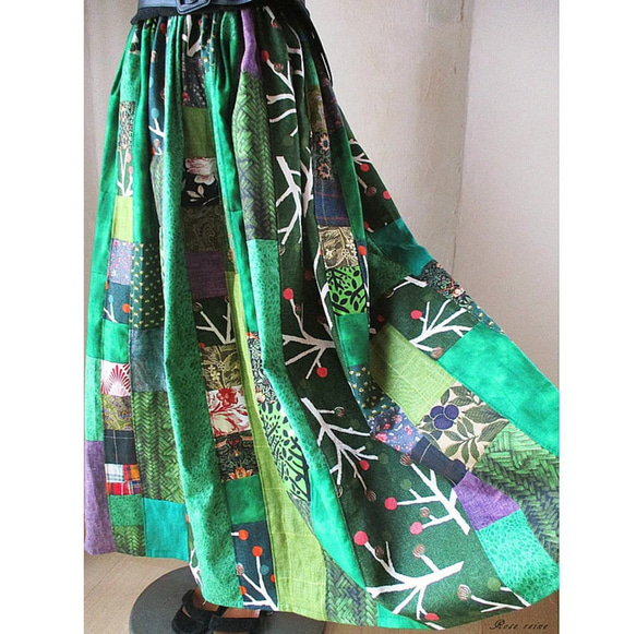 絵画なパッチワーク エメラルドグリーン ふんわりギャザースカート ウエストゴム １点もの 9枚目の画像