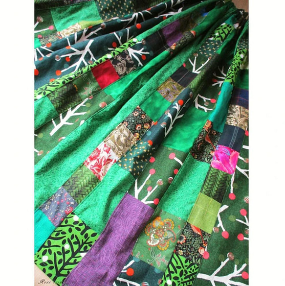 絵画なパッチワーク エメラルドグリーン ふんわりギャザースカート ウエストゴム １点もの 10枚目の画像