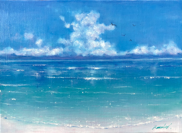 油絵 原画 オリジナル 「夏の雲と海」 送料無料 絵画 Masako's