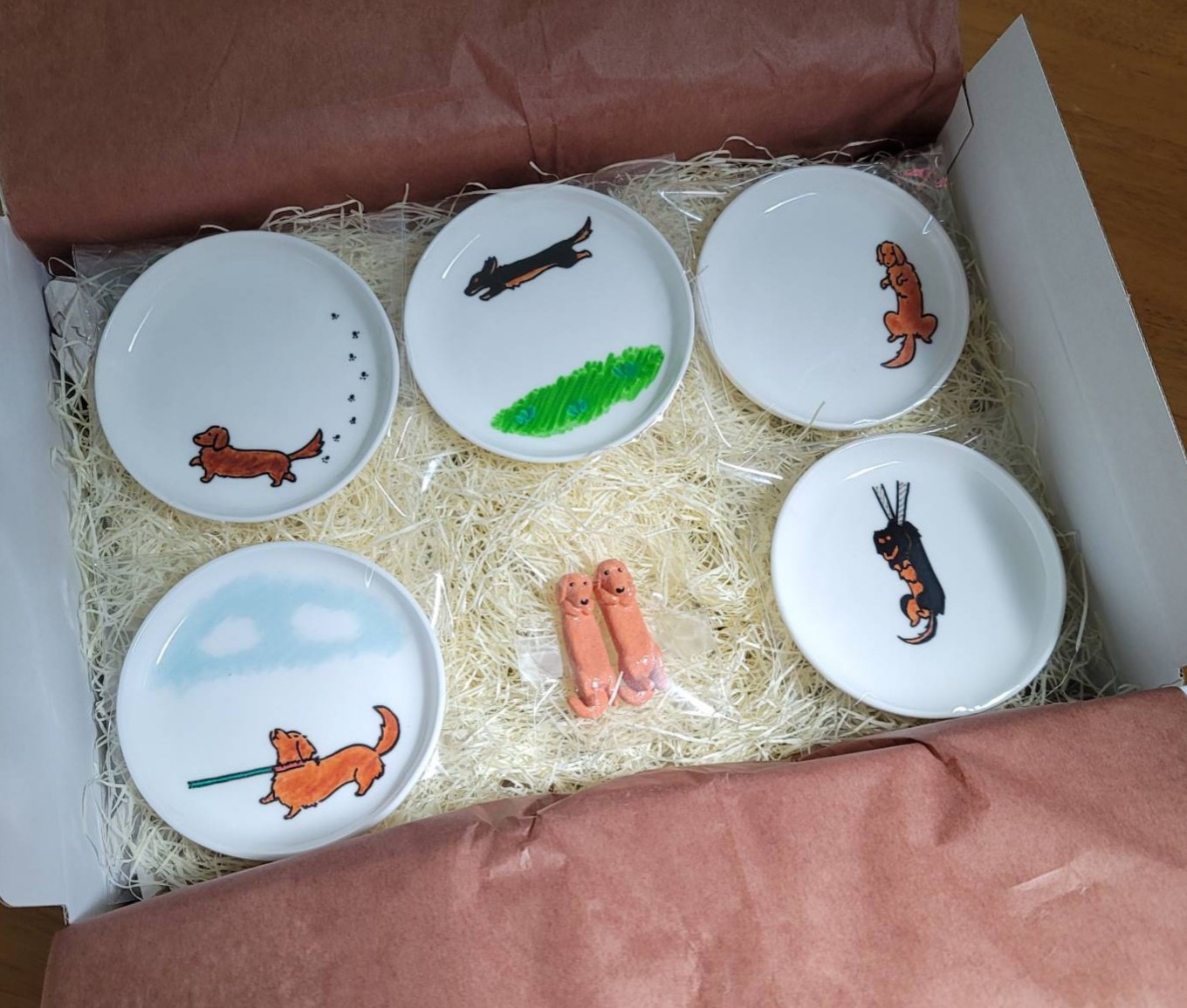 作家作品クリームダックスフンド飾り小皿＊箸置2個＊3点セット 陶器