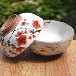 ◆商品番号　8204 紅白梅夫婦茶碗　陶あん 1枚目の画像