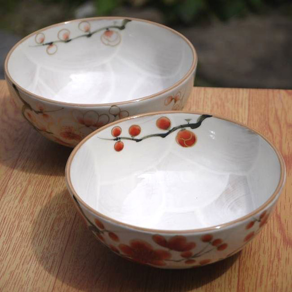 ◆商品番号　8204 紅白梅夫婦茶碗　陶あん 3枚目の画像