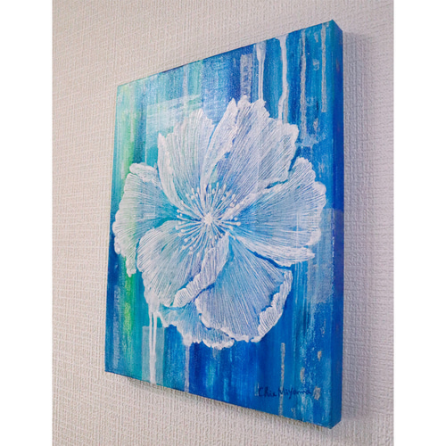 原画 抽象画 ケシの花 ポピー けし 芥子 F3 ターコイズブルー 青