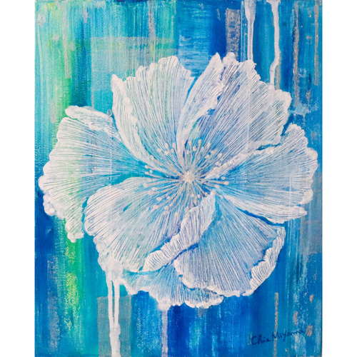 原画 抽象画 ケシの花 ポピー けし 芥子 F3 ターコイズブルー 青