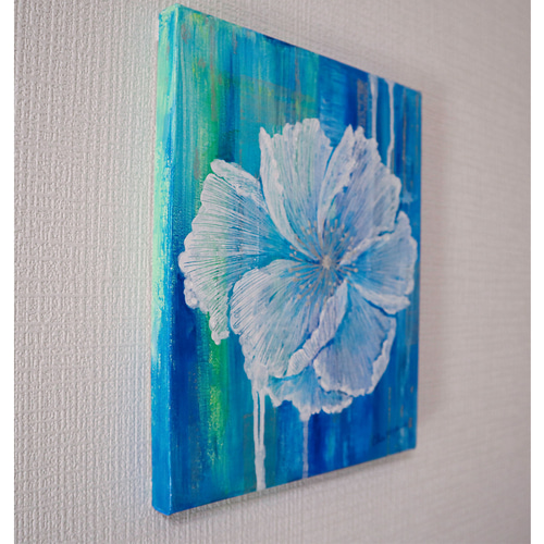 原画 抽象画 ケシの花 ポピー けし 芥子 F3 ターコイズブルー 青