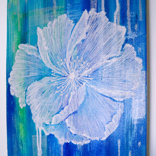 原画 抽象画 ケシの花 ポピー けし 芥子 F3 ターコイズブルー 青