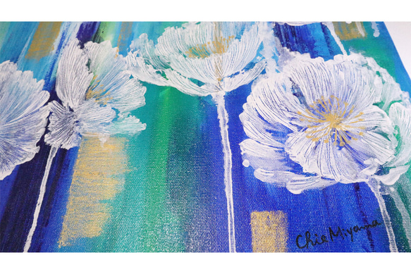 原画　抽象画　ケシの花　F６　ポピー　けし　芥子　 ターコイズブルー　ゴールド　おしゃれ モダンアート 現代アート 9枚目の画像