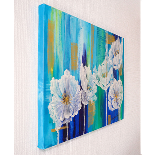 原画 抽象画 ケシの花 F6 ポピー けし 芥子 ターコイズブルー