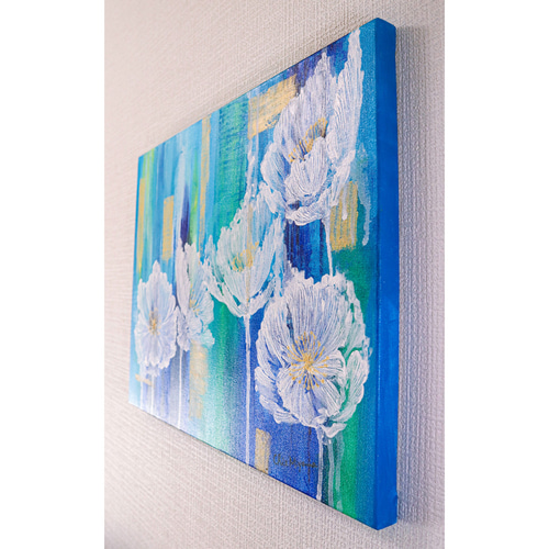 原画 抽象画 ケシの花 F6 ポピー けし 芥子 ターコイズブルー