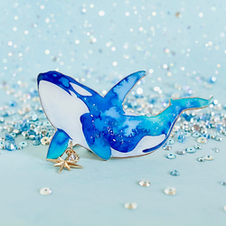 星空を泳ぐシャチのブローチ｜水彩きらめくオルカアクセサリー