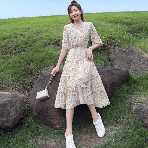 ワンピース 人気花柄 シフォンワンピース ロングワンピース 長袖