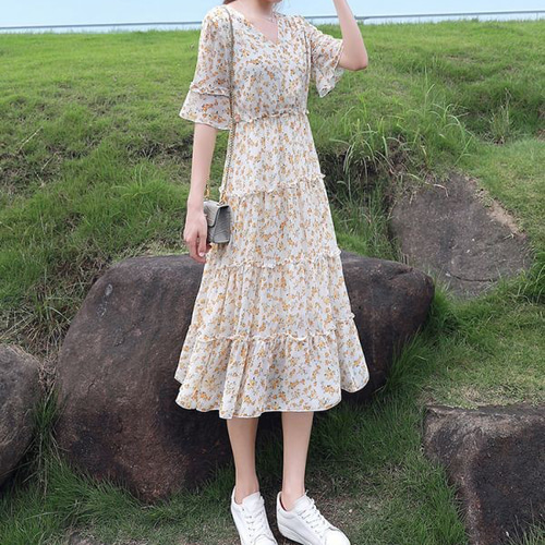 ワンピース 人気花柄 シフォンワンピース ロングワンピース 長袖