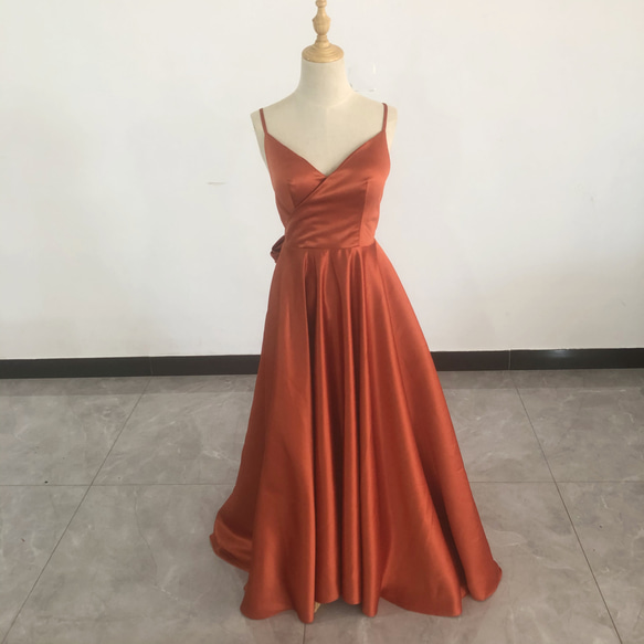 高品質！パーティードレス テラコッタ色 リボン 背中見せ 前撮り結婚式  