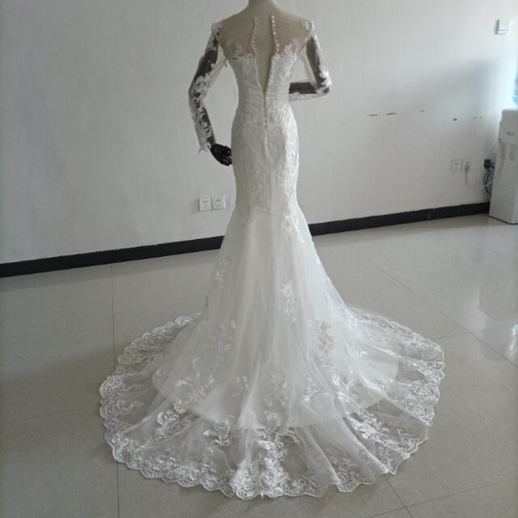 高品質！婚紗白色花朵圖案優雅透明袖魚尾禮服新娘/婚紗/伴娘 第5張的照片
