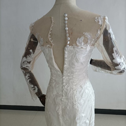 高品質！婚紗白色花朵圖案優雅透明袖魚尾禮服新娘/婚紗/伴娘 第4張的照片