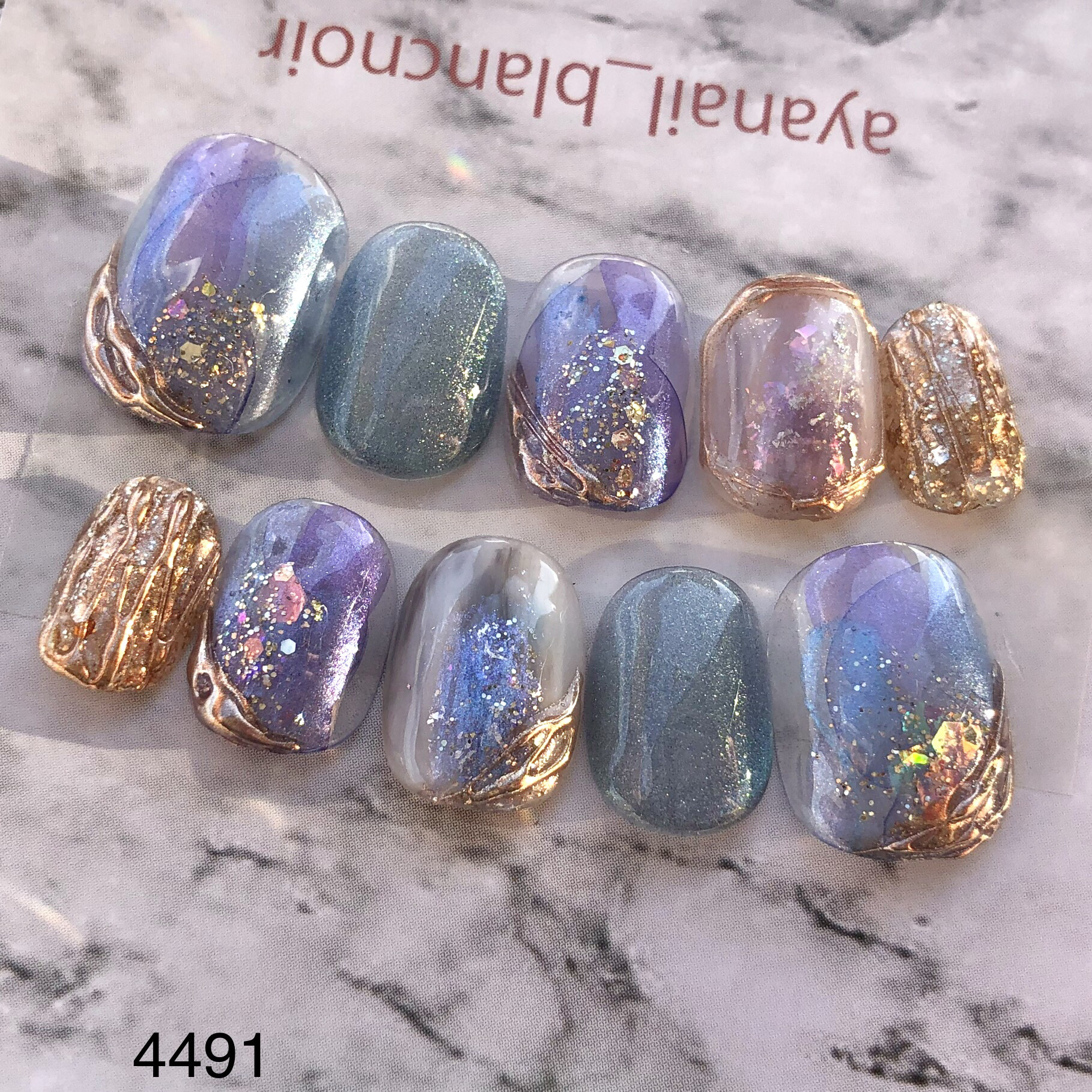 オーダー4491 ネイルチップ ブルー パープル 着物 夏 成人式