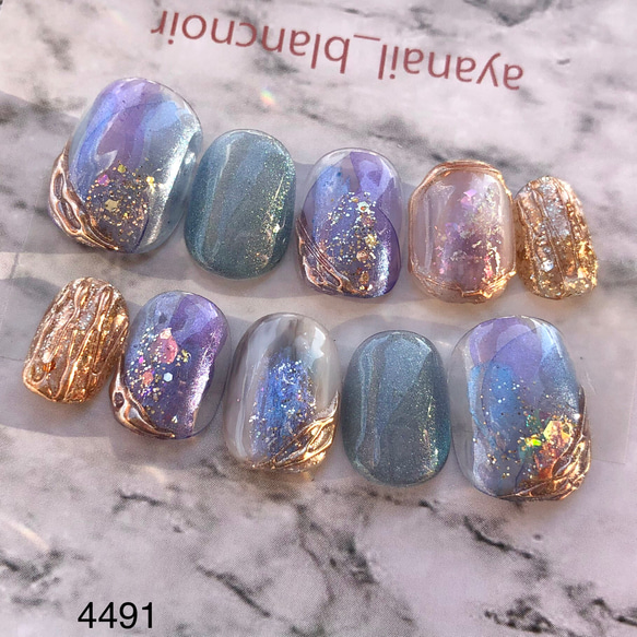 オーダー専】 浴衣 花柄 ネイルチップ 水色 淡色 青 ブルー 蝶々