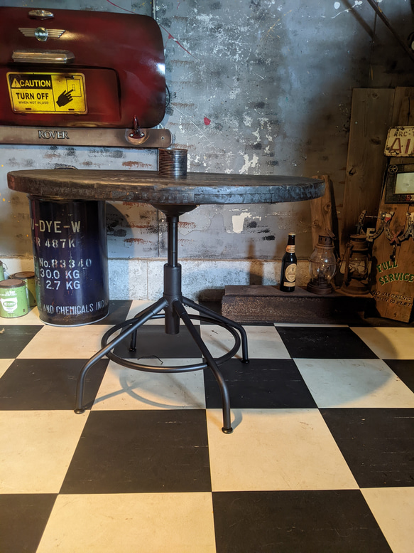 アメリカンヴィンテージな家/ 油圧式 高さ調整可能 ローテーブル/ ケーブルドラム ラウンドテーブル（丸形） #テーブル 3枚目の画像