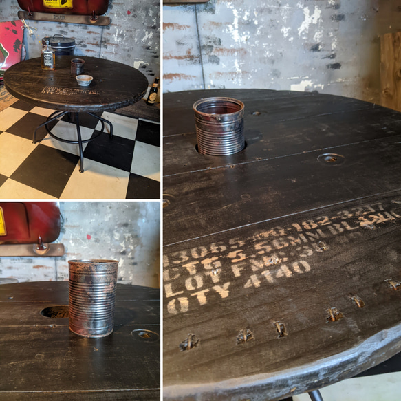 アメリカンヴィンテージな家/ 油圧式 高さ調整可能 ローテーブル/ ケーブルドラム ラウンドテーブル（丸形） #テーブル 5枚目の画像
