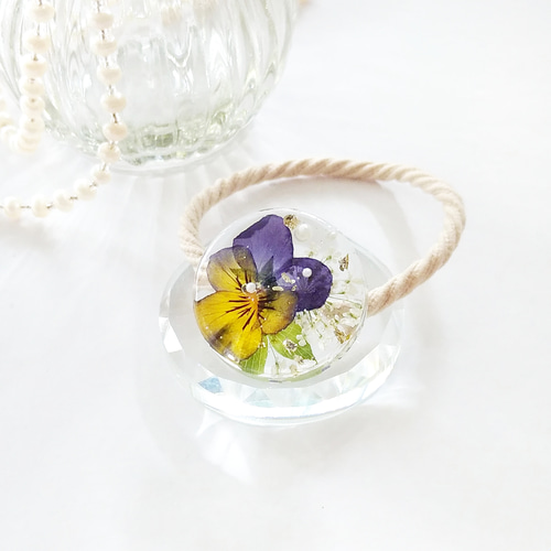 レジンヘアゴムお花ブルービオラクリア春夏ミモザ
