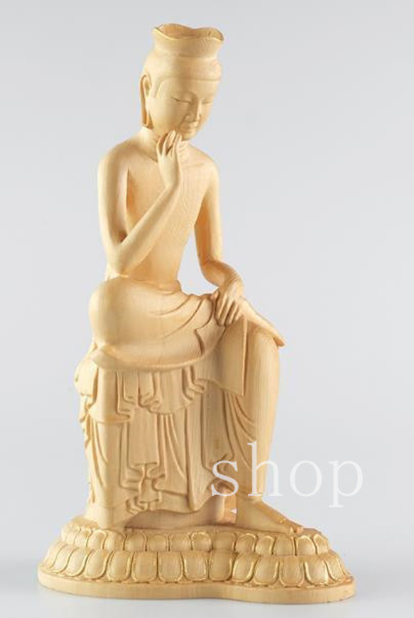 弥勒菩薩 国宝写 半跏思惟像 木彫調 仏像 彫刻 置物 風水 骨董 アンティーク MD369【極上の木彫】弥勒菩薩 国宝写 半跏思惟像 木目調 樹脂製 仏像