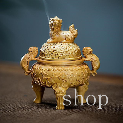 MD327【極上の木彫】ポプラの木/木彫りの香炉/獅子のストーブの香り