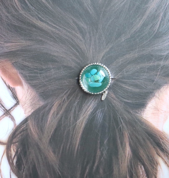 Turquoise Resin Silver Beads [Stone Feeling] Hair Tie Brown Natu 第4張的照片