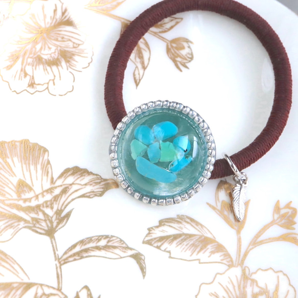 Turquoise Resin Silver Beads [Stone Feeling] Hair Tie Brown Natu 第3張的照片