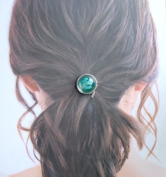 Turquoise Resin Silver Beads [Stone Feeling] Hair Tie Brown Natu 第2張的照片