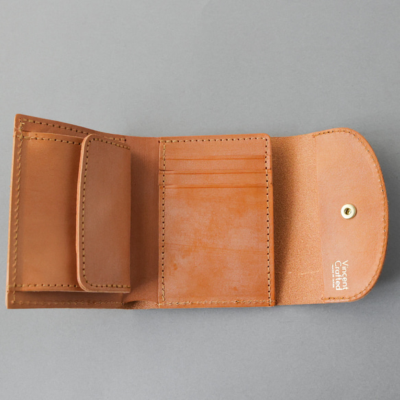 送料無料 国産ブライドルレザー 三つ折り コンパクトウォレット MANUEL ミニ財布 ヌメ革 オリーブ 11枚目の画像