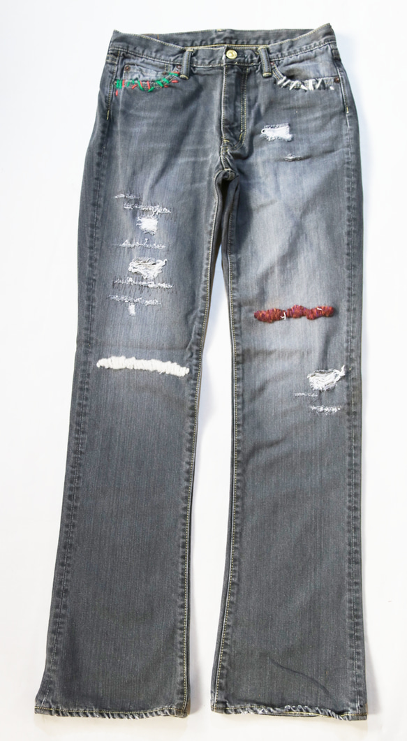 デニムセール＋クーポン　ウィメンズ国産ダメージジーンズ(リメイクジーンズ)Mサイズ 2枚目の画像