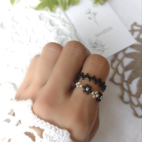 No.96送料無料❀お花&レースリング2set❀ブラック シルバー