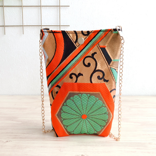帯リメイク 七宝花菱柄の帯から作ったミニバッグ／スマホショルダー