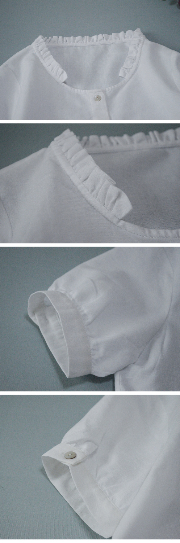 綿麻素材　襟元フリル付き大人可愛い半袖トップス♪ 10枚目の画像