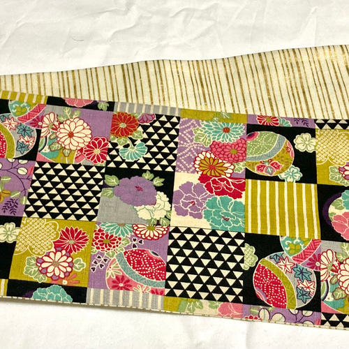 市松模様に配置された古典柄 半幅帯リバ長尺 和装小物（帯・半襟） お