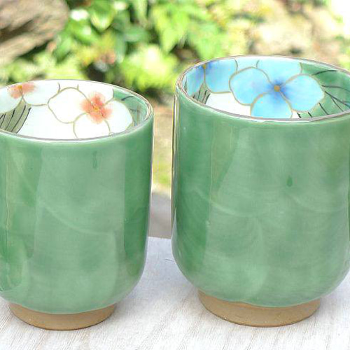 ◇商品番号 6204 織部紫陽花夫婦湯呑み 陶あん 湯呑み 松韻堂