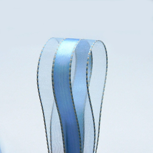 オーガンジーリボン【 Center satin stitch / Blue 】38mm ×2m