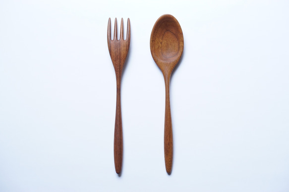 大型木質咖哩勺叉套裝（胡桃木色） 第1張的照片