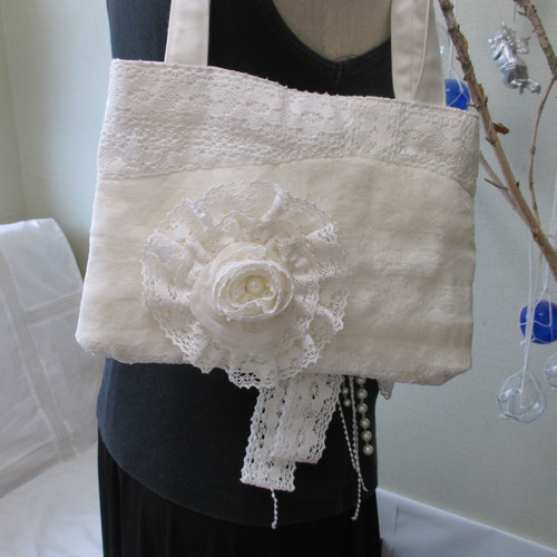 82 創作バッグ コラージュ トートバッグ レース チュール ビーズ