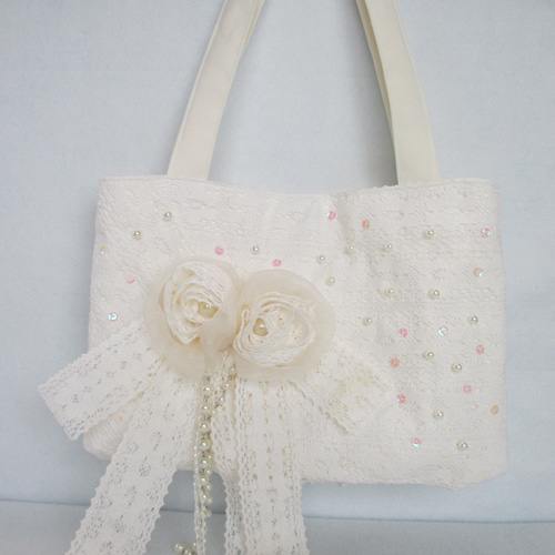 82 創作バッグ コラージュ トートバッグ レース チュール ビーズ