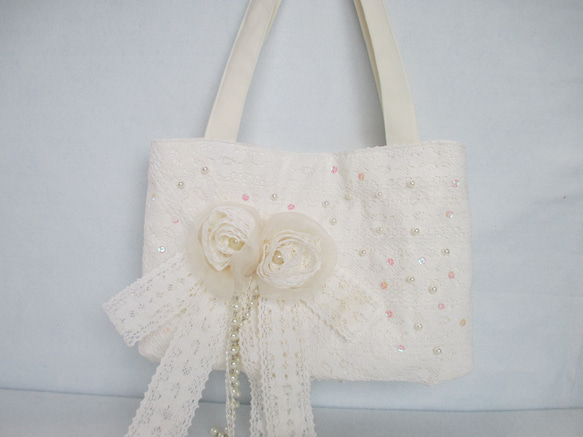 82 創作バッグ コラージュ トートバッグ レース チュール ビーズ